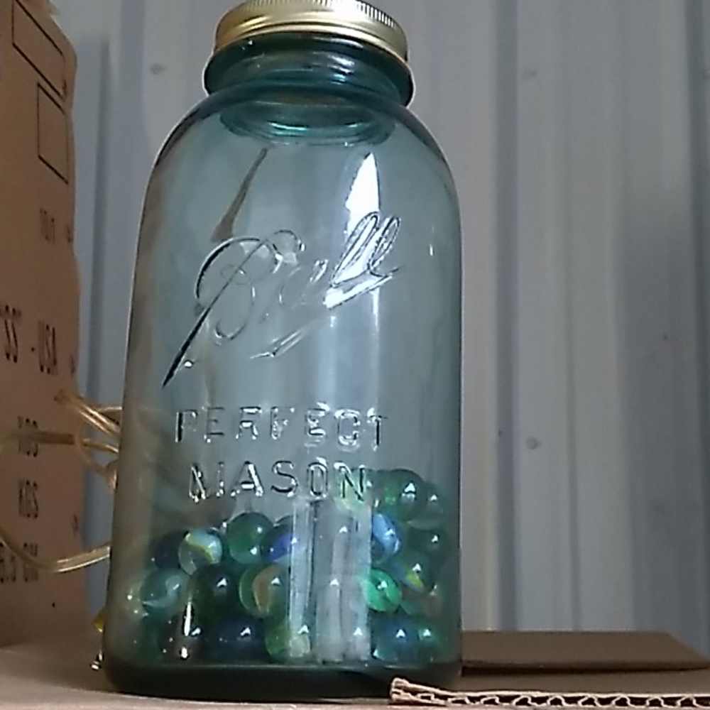 Vintage BALL MASON BLUE JAR LAMP w/MARBLES OOAK